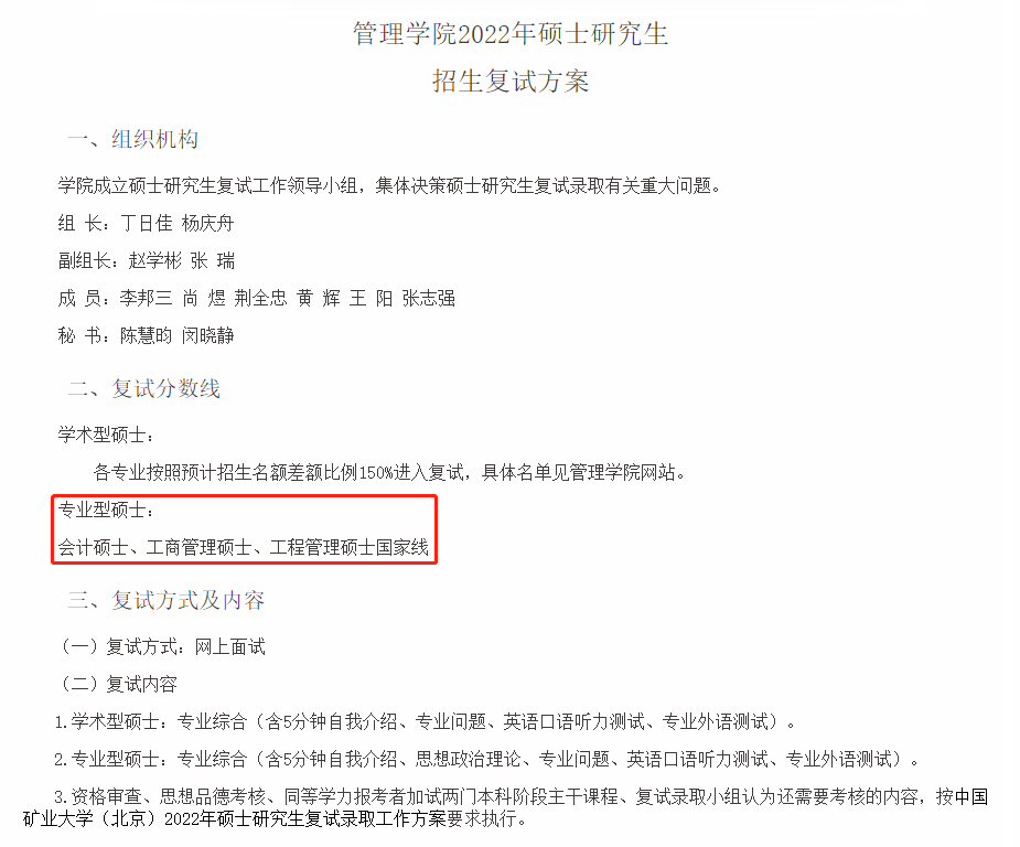 中国矿业大学（北京）2022年MBA复试分数线